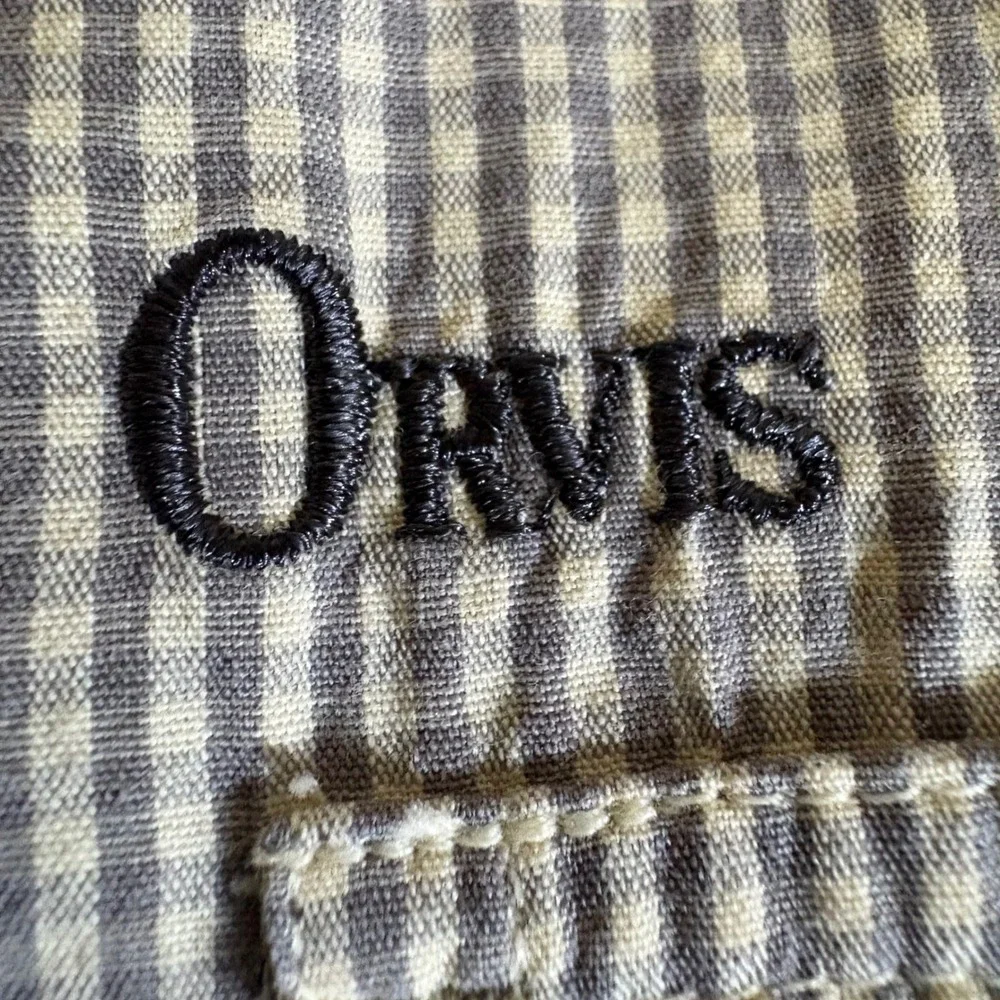 Vintage Orvis Fishing‎ Shirt Mens M Tan Gingham Cotton Utility Made in Hong Kong